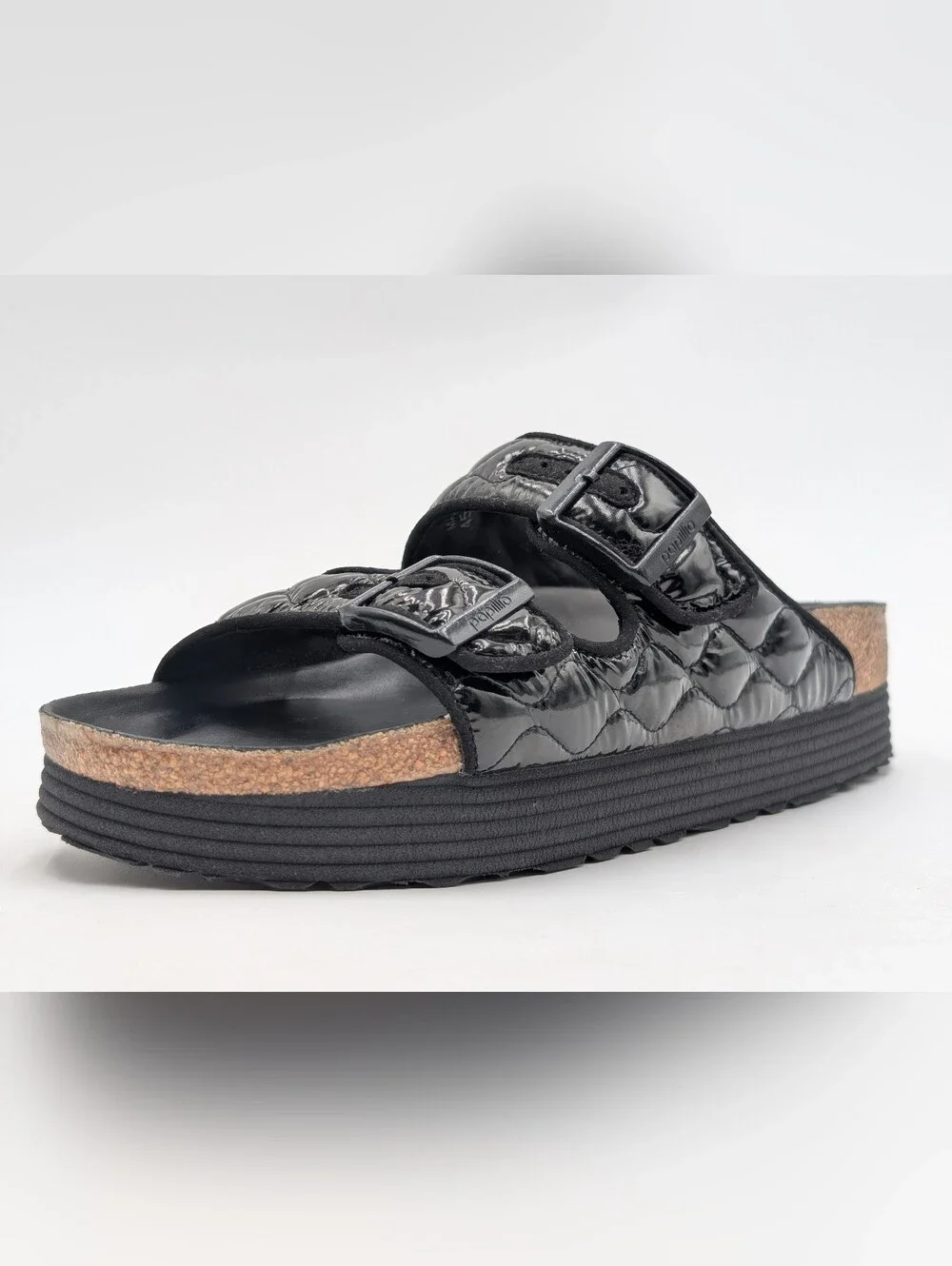Papillio by Birkenstock Sz 7-7.5 Arizona Platform Padded Blk Patent-Like Sandals